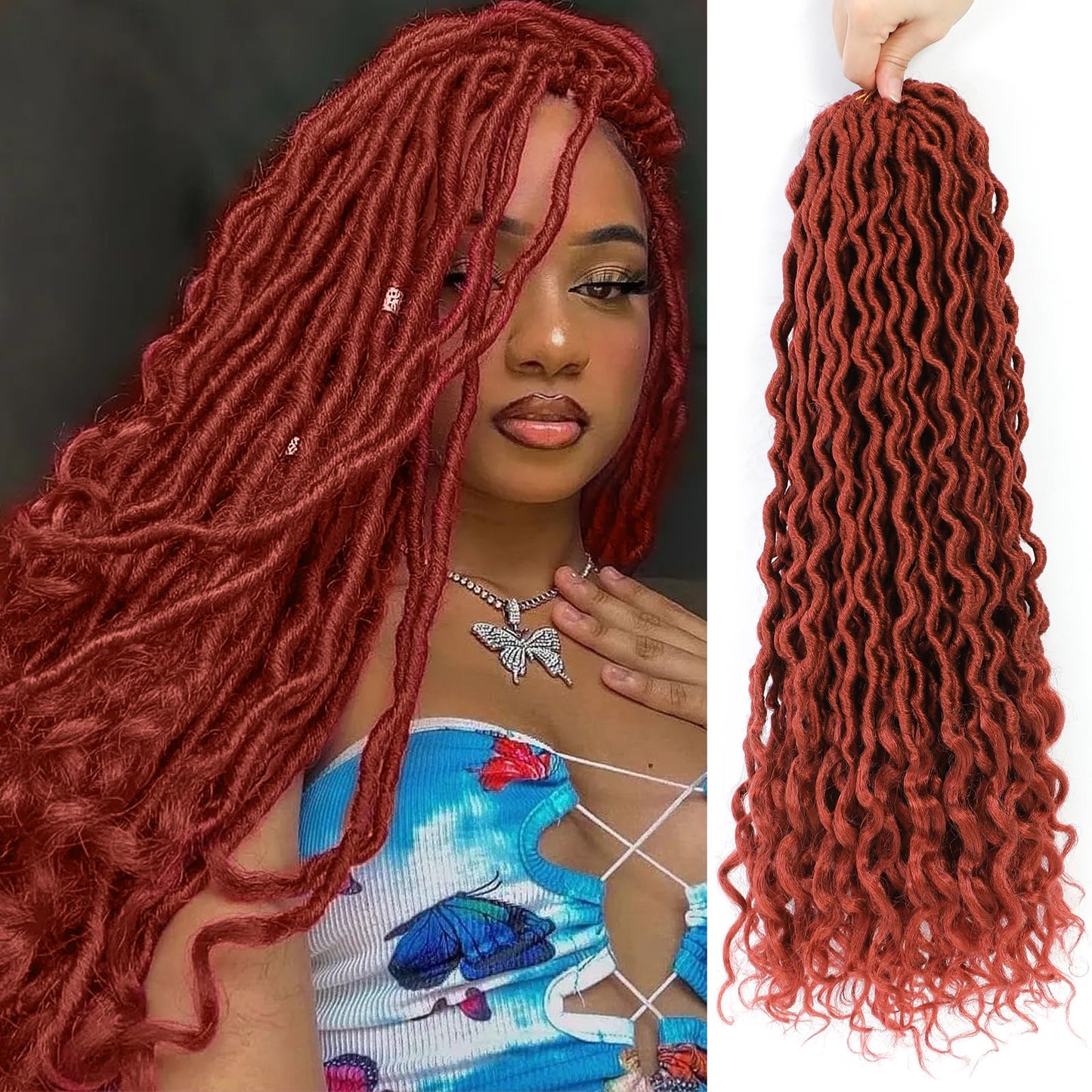 Ginger Goddess Locs Crochet Hair 18 Inch 6 Packs Pre Looped Goddess Faux Locs Crochet Hair For Black Women Soft Crochet Goddess Locs With Curly Ends(350#, 18 Inch, 6 Packs)