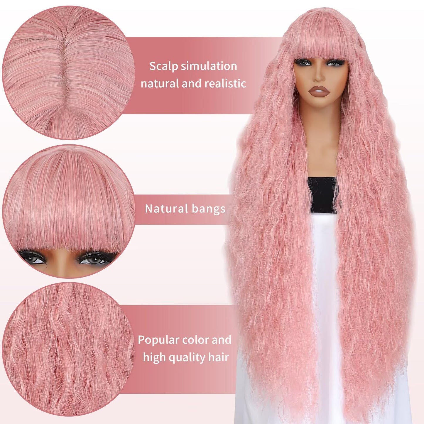 Aliesencia 40 Inch Long Wavy Wig with Bangs for Women White Cosplay Wig Bounce Fluffy for Halloween Party Daily Use(Pink)