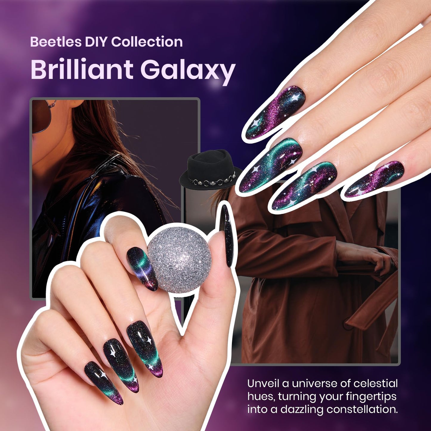 Beetles Gift Gel Nail Polish Set, Cat Eye Black Gel Polish Brilliant Galaxy Nail with Base & Top Coat, Star Stickers, Magnet, Tweezers DIY Series Color Nail Trend Set Manicure