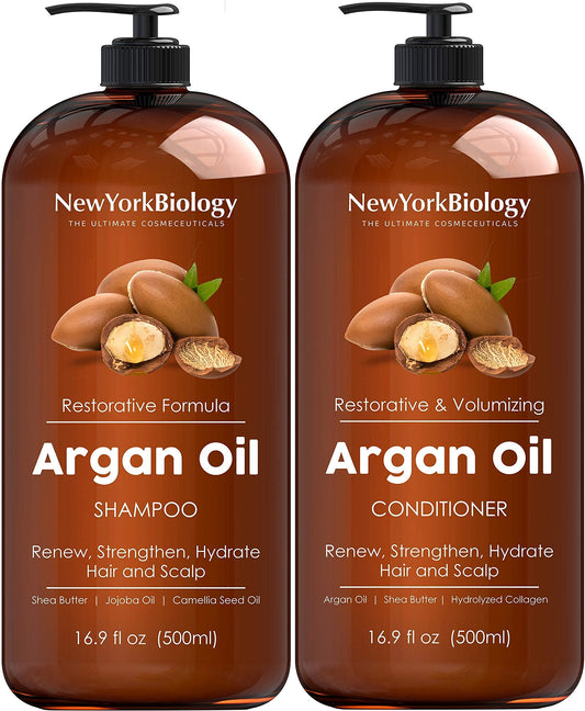 New York Biology Moroccan Argan Oil Shampoo and Conditioner Set - Moisturizing and Volumizing for All Hair Types and Color Treated Hair - with Keratin - 16.9 Fl Oz