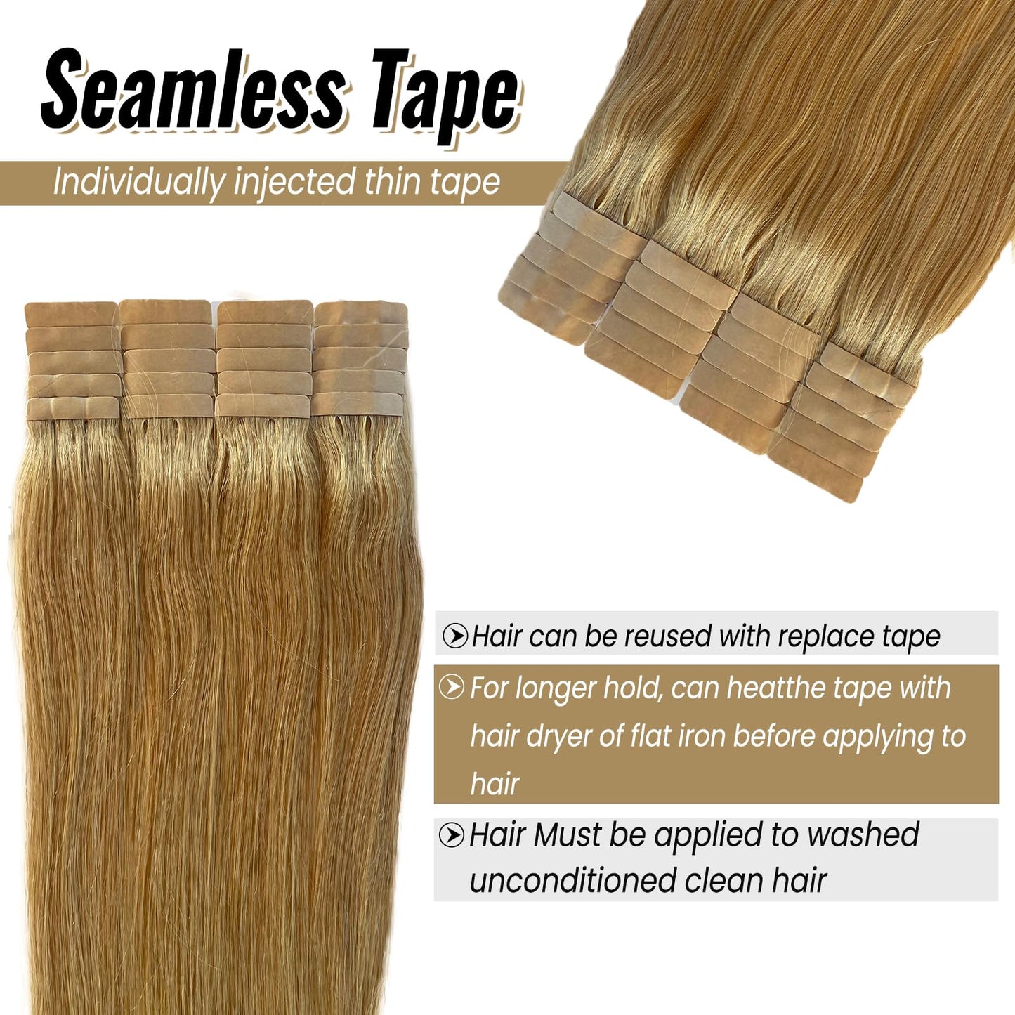 Tape in Hair Extensions Human Hair Double Sided Honey Blonde Invisible Tape in Hair Extensions 20" Seamless Tape ins 20pcs 60g Tape on Real Human Hair Extensions Thick Ends