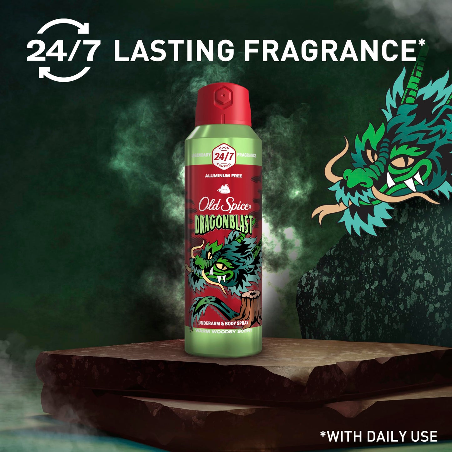 Old Spice Aluminum Free Body Spray for Men, 24/7 Odor Protection, 24/7 Lasting Fragnance & Freshness, Cologne Quality Scent, Dragonblast with Warm Woodsy Scent, 5.1 oz (Pack of 3)