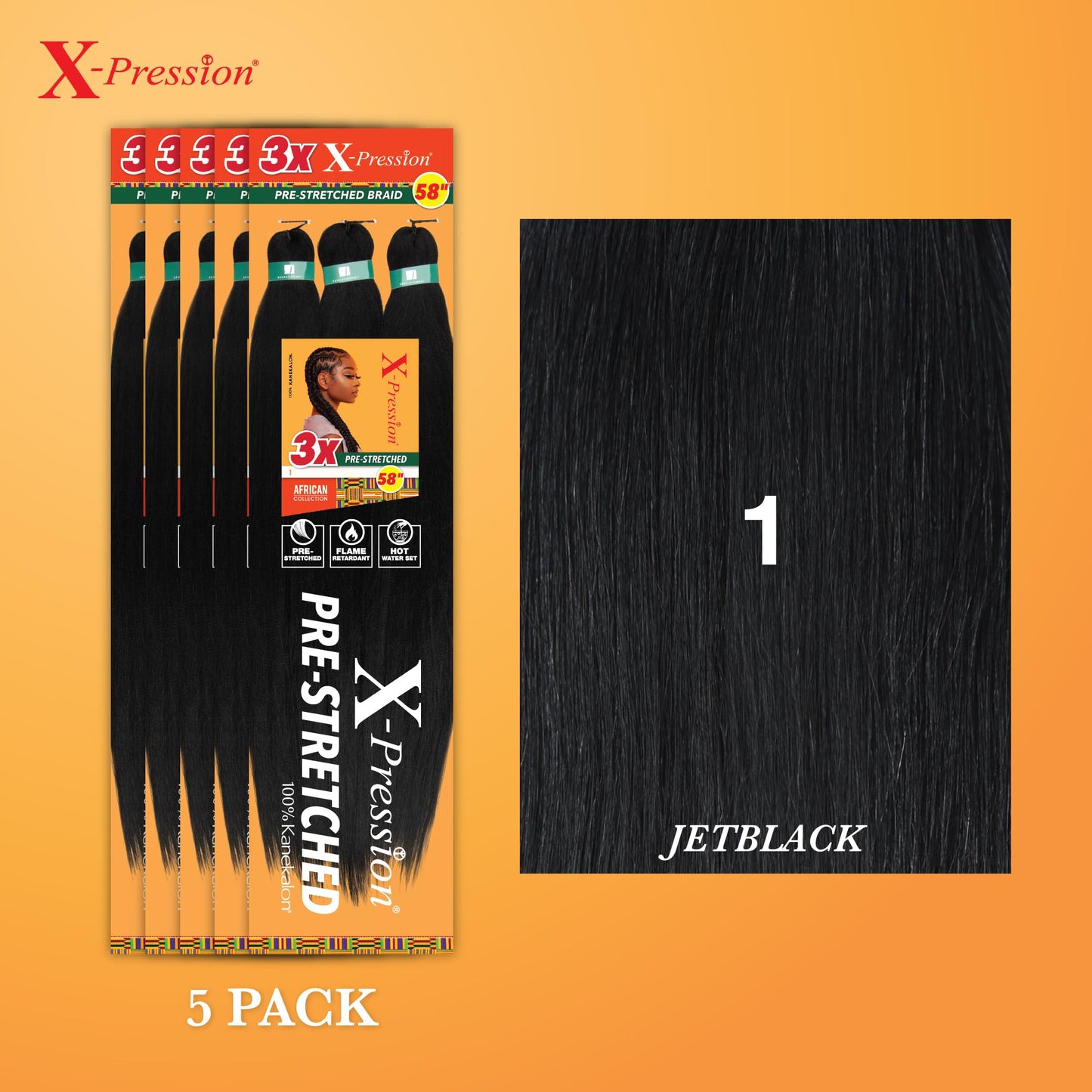 Sensationnel X-pression prestretched braiding hair - 3x braid 58 inch all kanekalon flame retardant synthetic braid for box braids and twists (5 pack, 1 JETBLACK)
