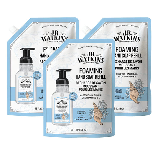 J.R. Watkins Foaming Hand Soap Refill, Moisturizing Foam Hand Wash, All Natural, Alcohol-Free, Cruelty-Free, USA Made, Ocean Breeze, 28 fl oz, 3 Pack