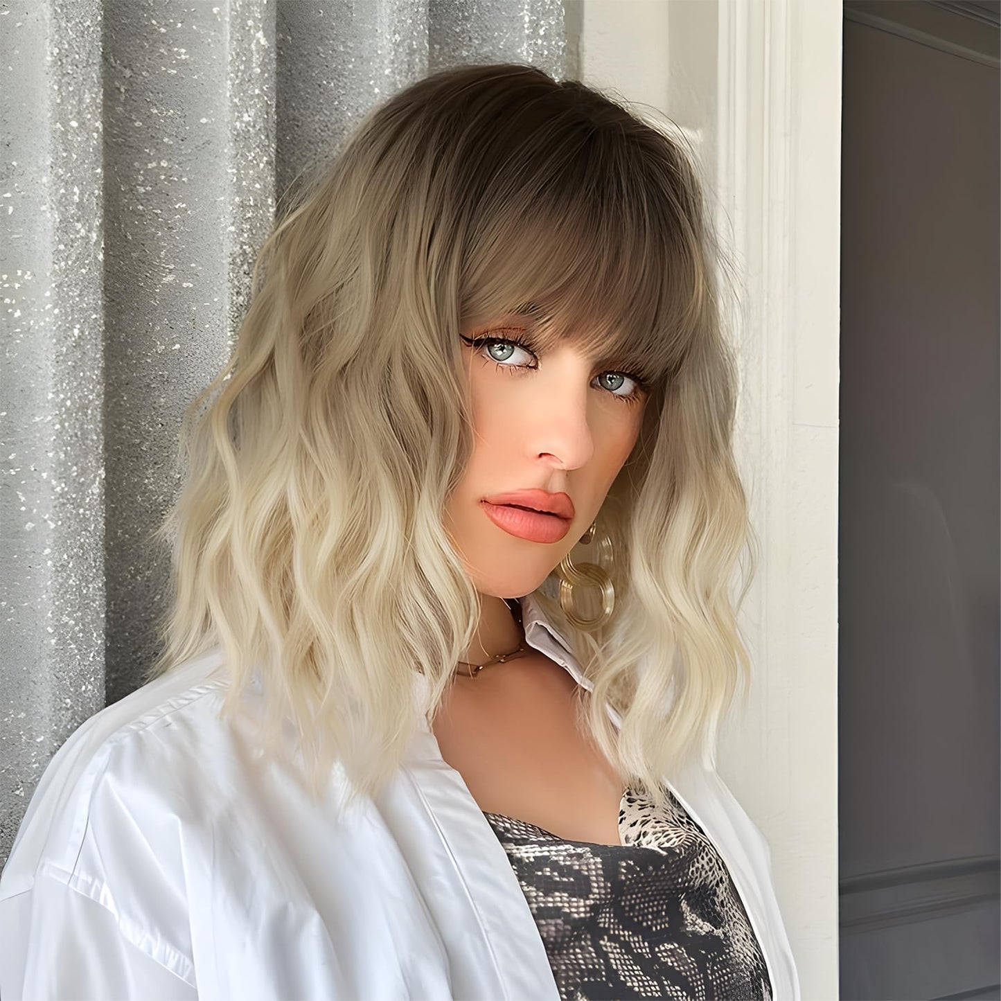 MOSINA Curly Wavy wig with Bangs for Women,14 inches Black and White Gradient Short Bob Wigs for Black Women,Heat Resistant Fiber Wig for Suitable for work, parties and other occasions Use