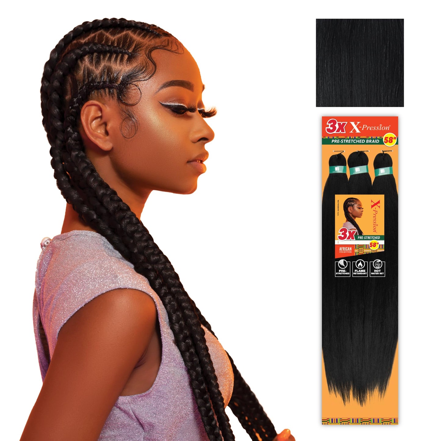Sensationnel X-pression prestretched braiding hair - 3x braid 58 inch all kanekalon flame retardant synthetic braid for box braids and twists (5 pack, 1 JETBLACK)