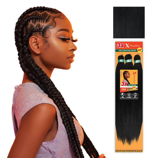 Sensationnel X-pression prestretched braiding hair - 3x braid 58 inch all kanekalon flame retardant synthetic braid for box braids and twists (5 pack, 1 JETBLACK)