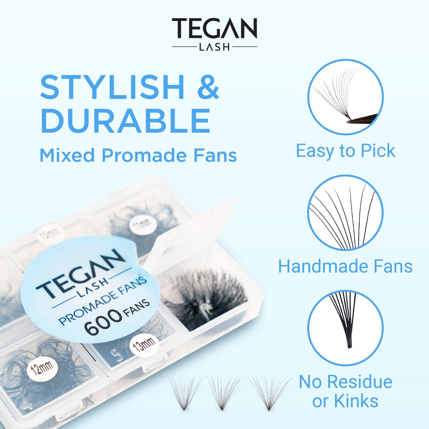 TEGAN LASH Promade Fan Mix Eyelash Extensions, From 3D - 16D, 0.03/0.05/0.07, C/CC/D, 9-15mm, Pre Made Eyelash, Easy Apply Premade False Eyelashes, Pestañas Abanicos Extensiones (7D, 0,07, C, Mix)