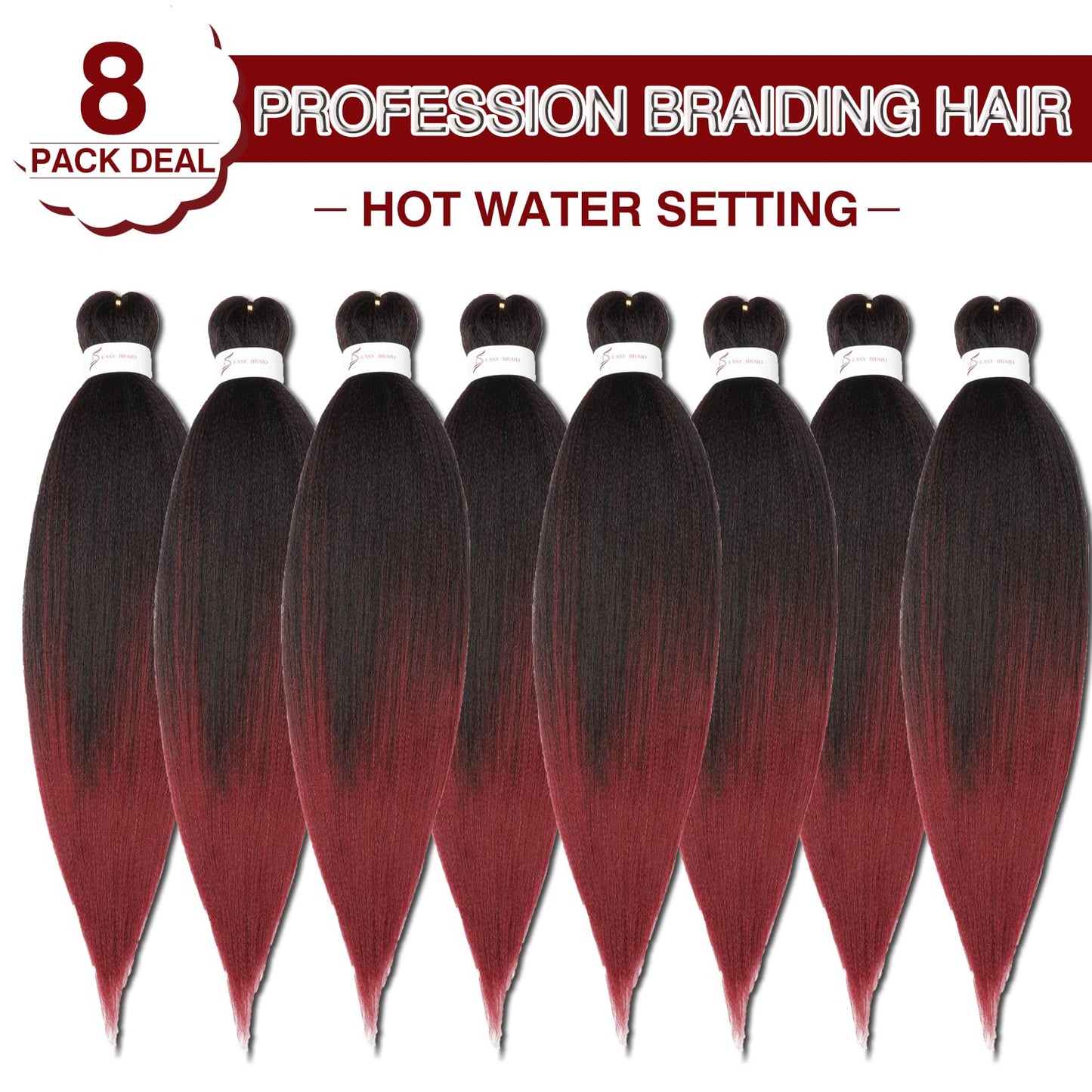 Pre-Stretched Braiding Hair Extension Ombre Black to Burgundy Professional Crochet Braiding Hair 26 Inch 8 Packs Hot Water Setting Perm Yaki Synthetic Hair For Twist Braids (26inch,#1B/Bug)