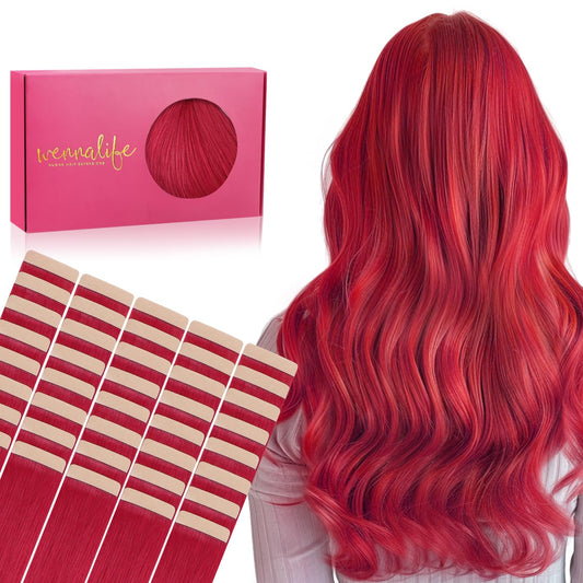 WENNALIFE Tape in Hair Extensions, 40pcs 60g 10 Inch Red Human Hair Straight Invisible Reusable Real Extensions