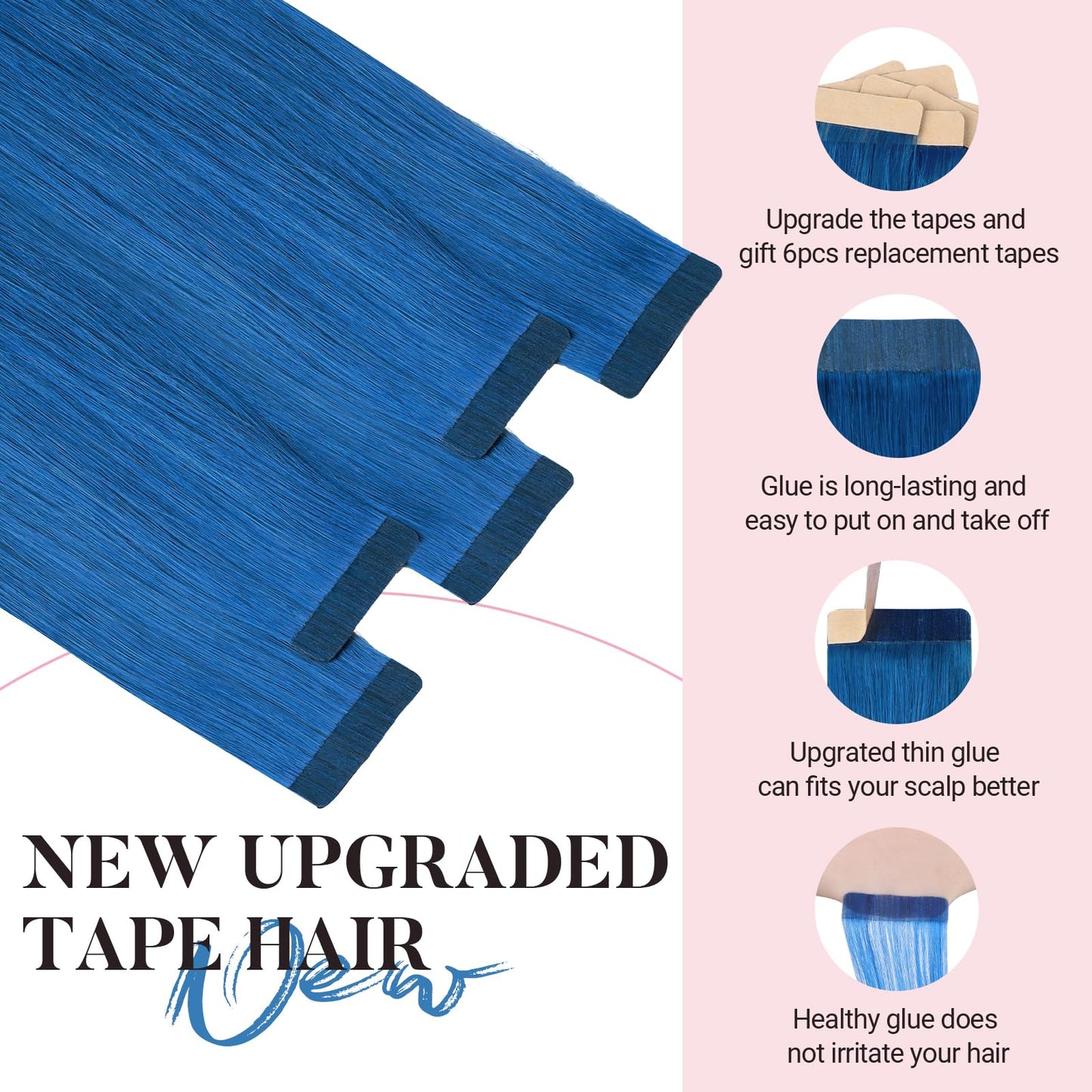 MAXITA Tape in Hair Extensions Human Hair Blue Tape in Extensions 14 Inch 10pcs 25g Remy Invisible Silky Straight Colored Soft Real Human Hair Tape ins Natural Hair Extensions for Women