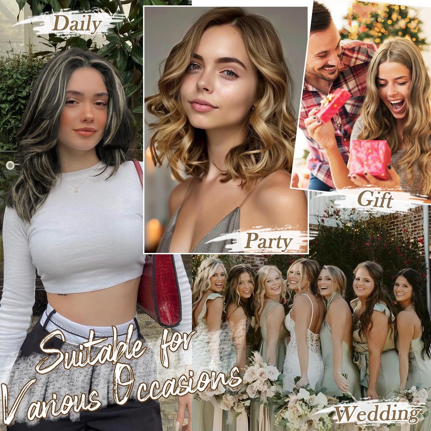 BARSDAR Highlight Clip in Hair Extensions - 12 Inch Short Wavy Synthetic Clip in Hairpieces for Women - 6PCs Full Head Thick Daily Party Medium Brown & Blonde