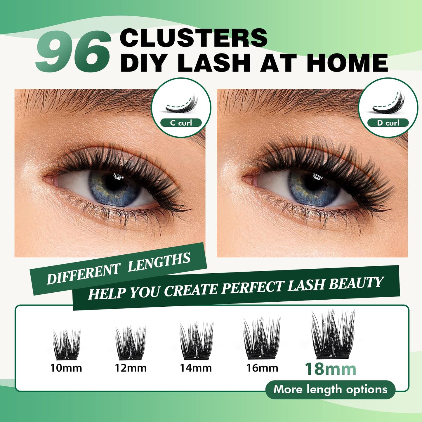 Lash Clusters 96pcs Individual Lashes D Curl 10mm Cluster Lashes KEYYOU Volume Wispy Lash Extension Soft&Comfortable Easy DIY at Home(Y10,D-10mm)