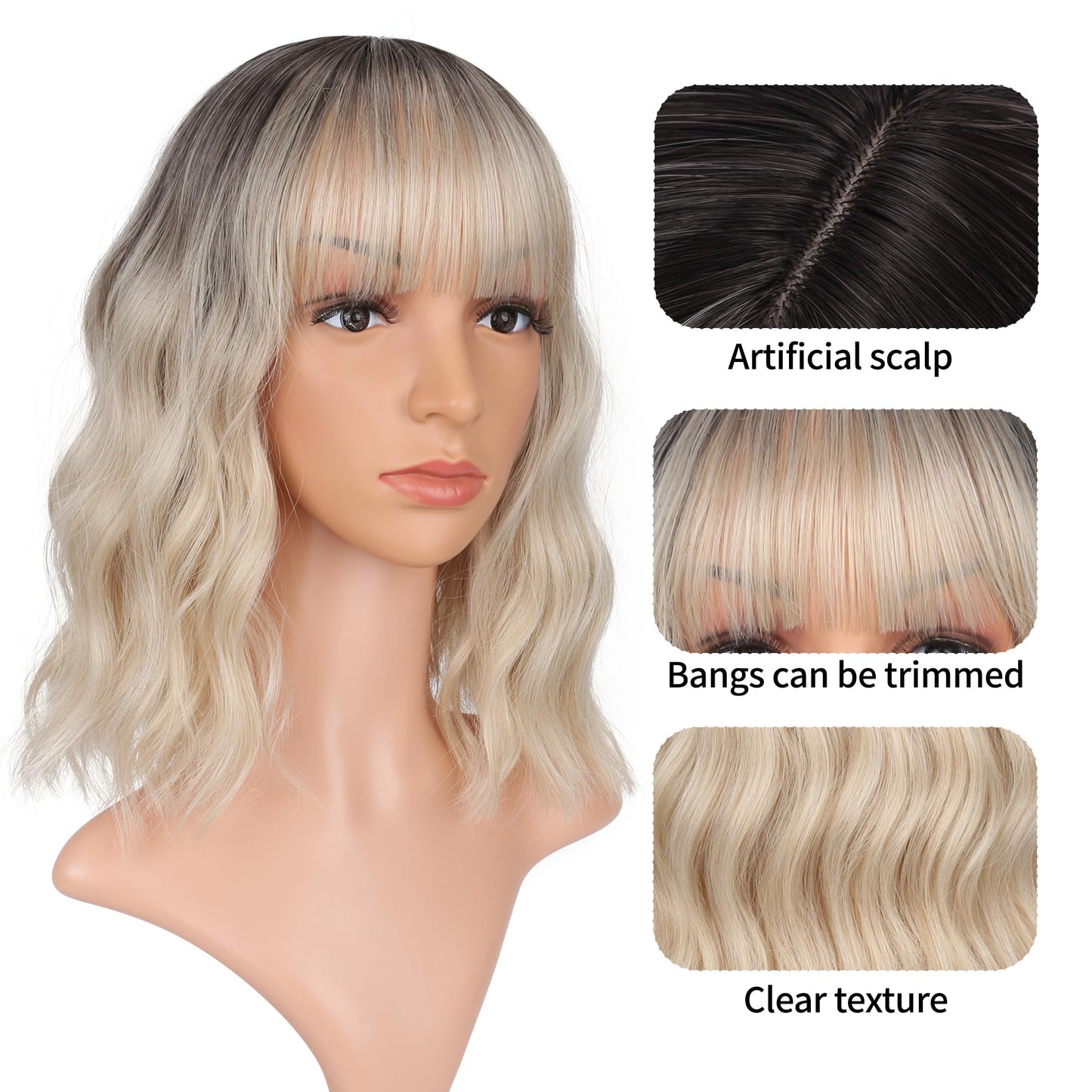 VCKOVCKO Bob Wig - Black-gold Gradient, Wavy, Air Bangs, Shoulder Length, Synthetic, Pastel for Women (12")