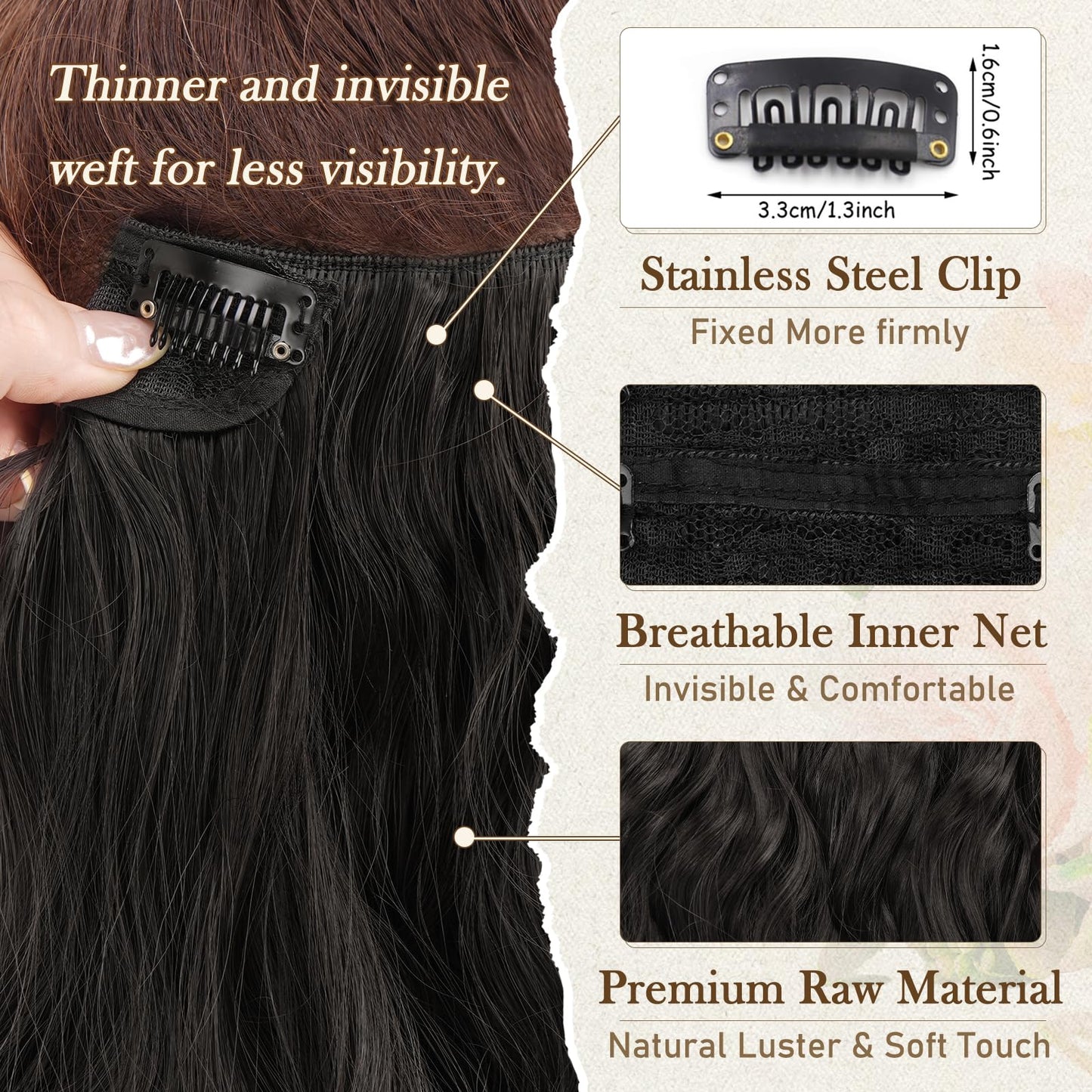 BARSDAR Black Brown Clip in Hair Extensions - 12 Inch Wavy Clip in Hair Extensions for Women - 6PCs Full Head Thick Soft Synthetic Clip in Hairpieces Daily Party Halloween - Black Brown