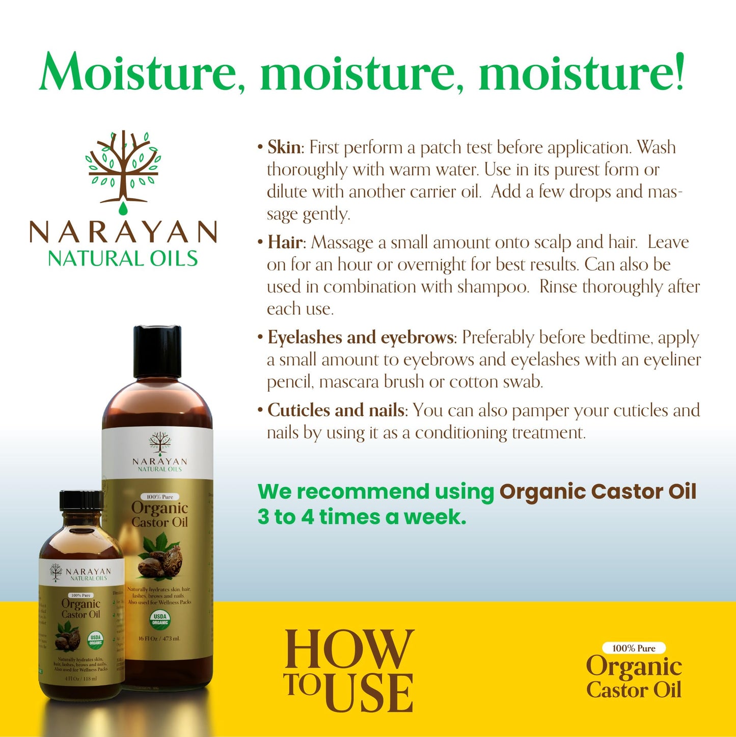Narayan Organic Castor Oil (16 Fl Oz) — USDA Certified Natural Hexane & Cruelty Free Cold Pressed — For Hair Growth, Eyelashes, Eyebrows & Skin — Extraordinary for Wellness Packs — Includes Beauty Kit