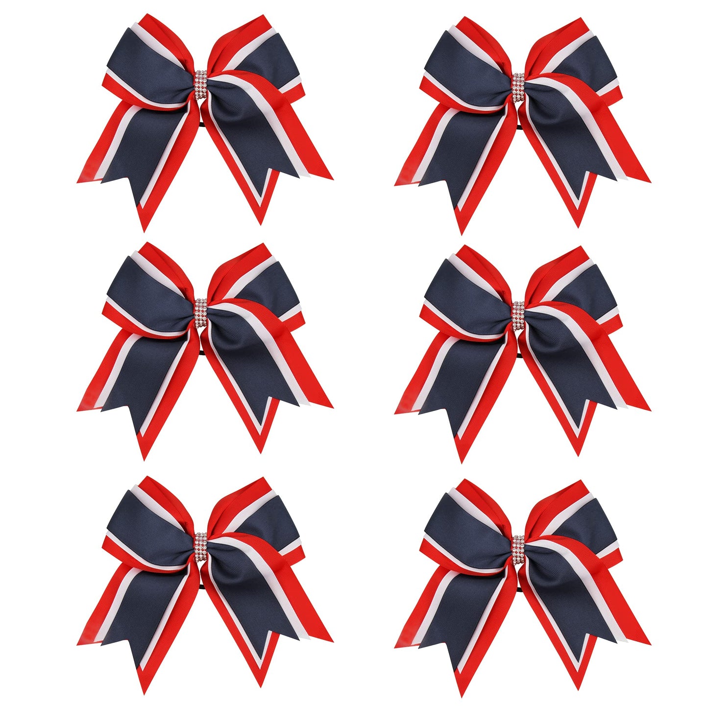 8 Inch 3 Colors 3 Layers 6 Pcs Cheerleader Bows Jumbo Cheerleading Bows Hair Elastic Hair Tie for High School College (Red/White/Navy blue)