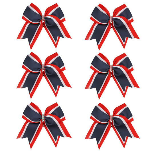 8 Inch 3 Colors 3 Layers 6 Pcs Cheerleader Bows Jumbo Cheerleading Bows Hair Elastic Hair Tie for High School College (Red/White/Navy blue)