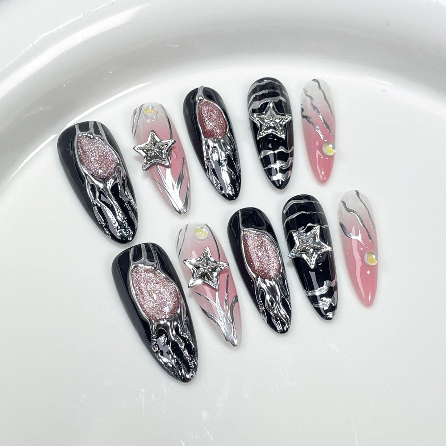 Wsliana Handmade Press On Nails - Y2K Cool Girl Design, Suitable for Women and Girls, Long Almond Shape, 10pcs Glue On Acrylic Fake Nails with Storage Box | Salon Quality | Trendy Nail Kit (072 S)