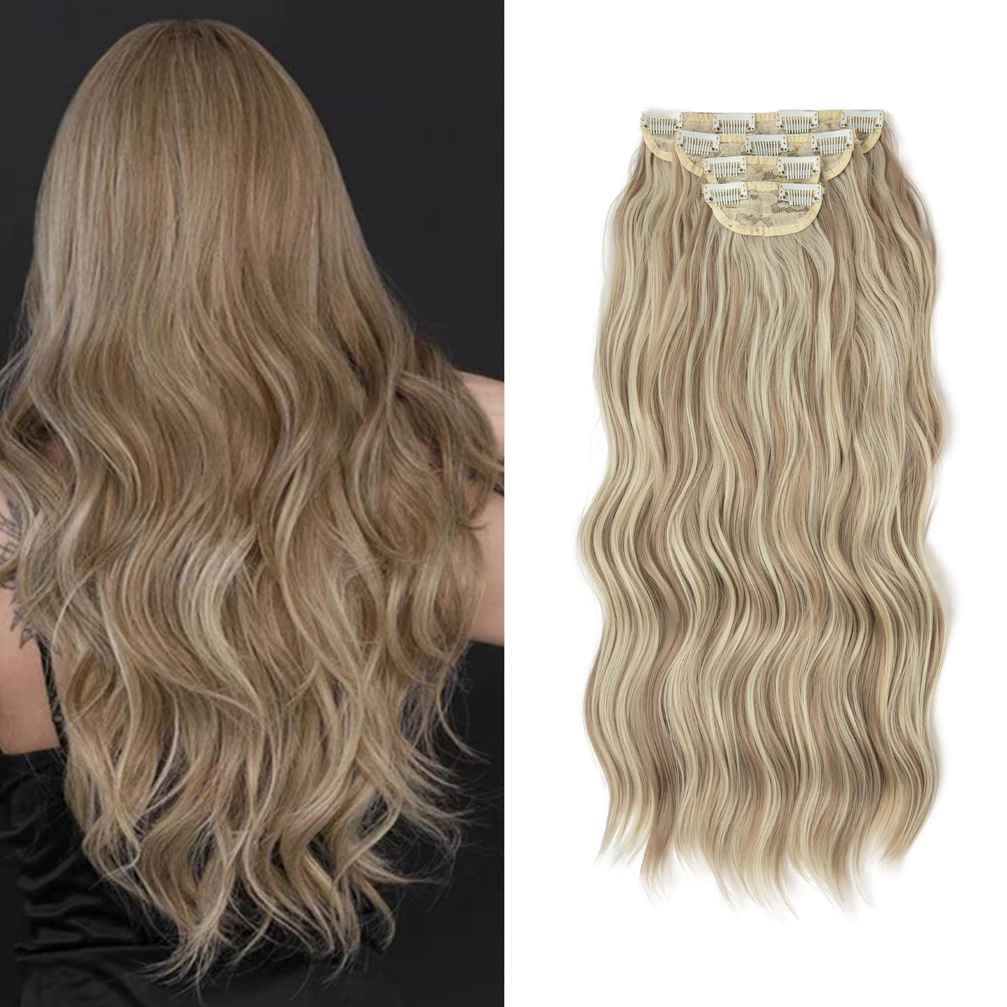 DAIMWEN Hair Extensions Long Curly Hair for Women Wavy Clip in Hair Extensions 4 Piece Set 20 Inch Synthetic Hair(Dirty Blonde)