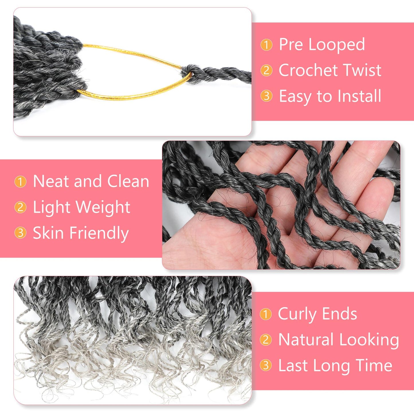 Wavy Senegalese Twist Crochet Hair For Black Women 8 Inch 10 Packs Senegalese Twist Braiding Hair Crochet Twists Pre Looped Twist Crochet Hair Curly Crochet Twist Hair With Curly Ends(1B/Gray)