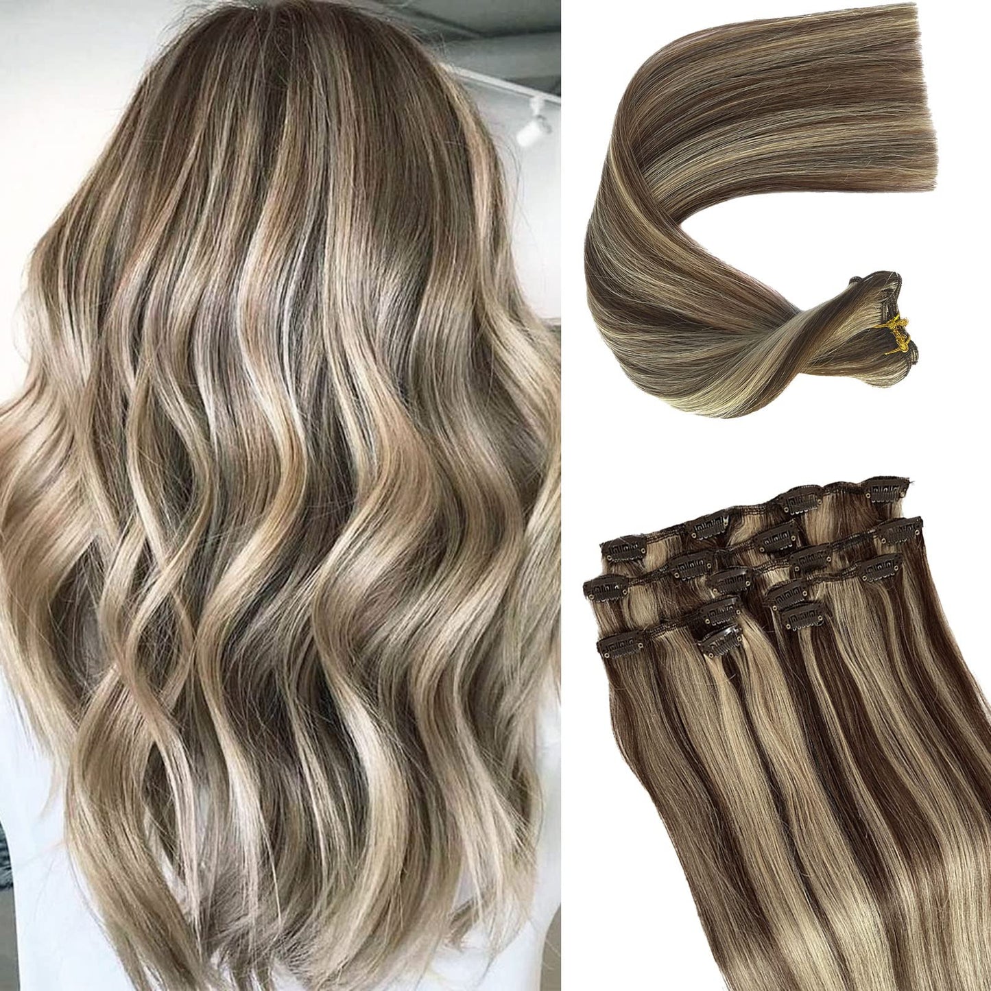 Valiilo Balayage Human Hair Extensions Clip in Remy Human Hair Brown Fading to Dirty Blonde Highlight Real Remy Hair Extensions Clip on Extensions 12inch for White Women 7pcs 70g, 2.4692 Ounce