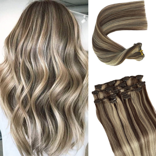 Valiilo Balayage Human Hair Extensions Clip in Remy Human Hair Brown Fading to Dirty Blonde Highlight Real Remy Hair Extensions Clip on Extensions 12inch for White Women 7pcs 70g, 2.4692 Ounce