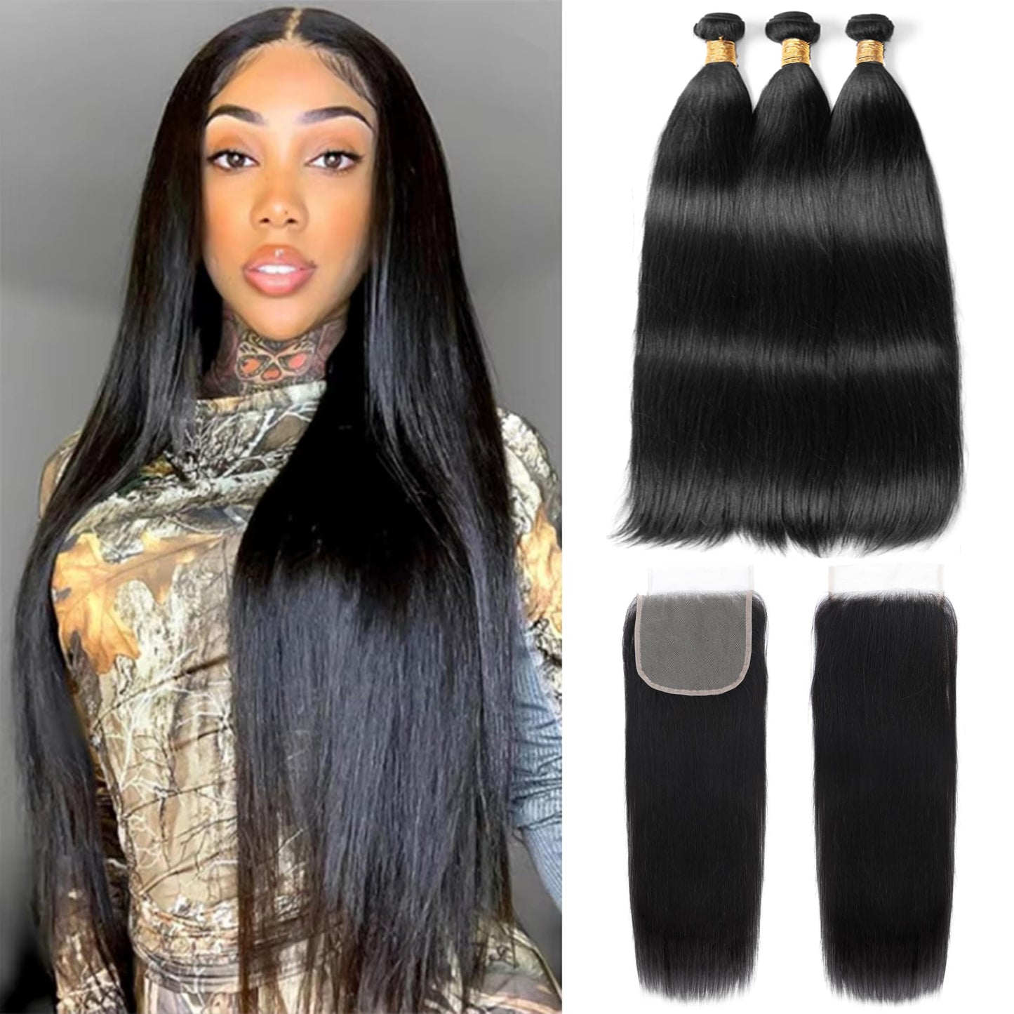 MIRONICA Straight Human Hair Bundles with Closure 26 28 30 + 24 Brazilian 3 Bundles Deals Human Hair with 4x4 Lace Closure Free Part 12A 100% Unprocessed Virgin Double Machin Weft Hair Extensions