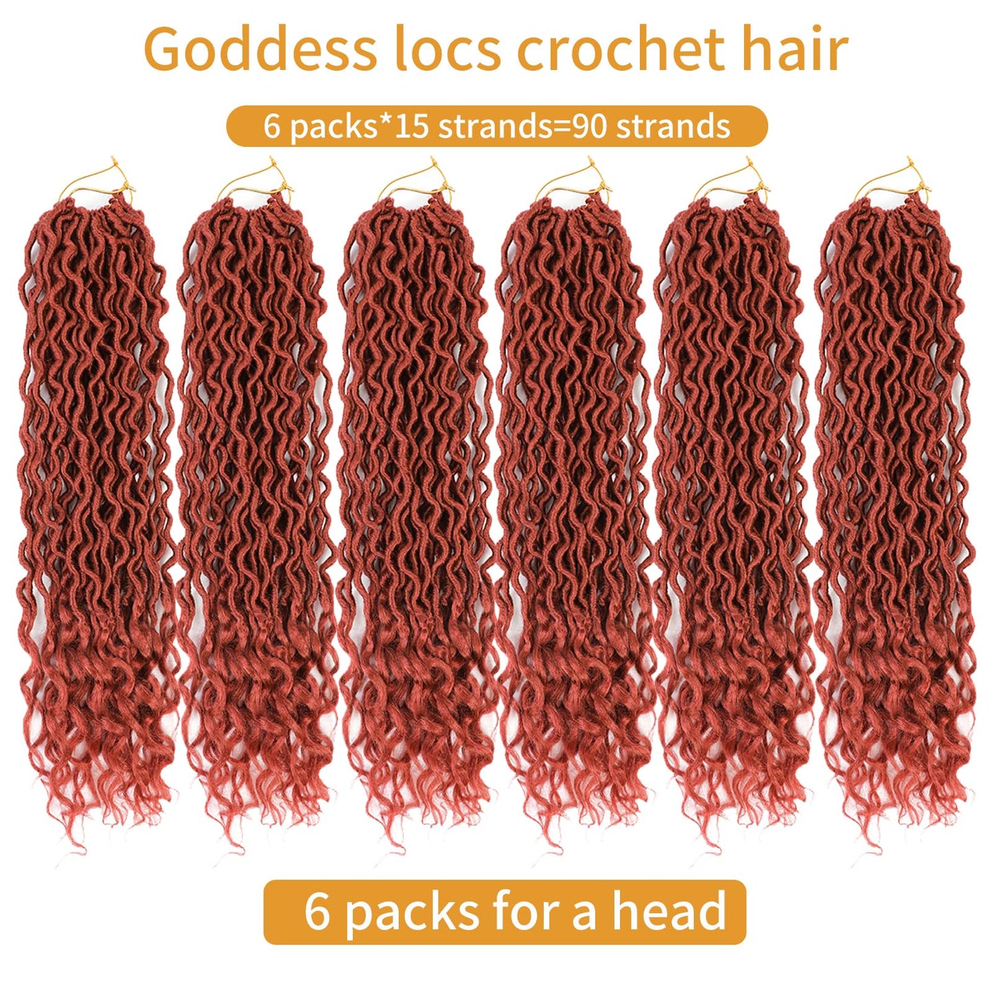 Ginger Goddess Locs Crochet Hair 18 Inch 6 Packs Pre Looped Goddess Faux Locs Crochet Hair For Black Women Soft Crochet Goddess Locs With Curly Ends(350#, 18 Inch, 6 Packs)