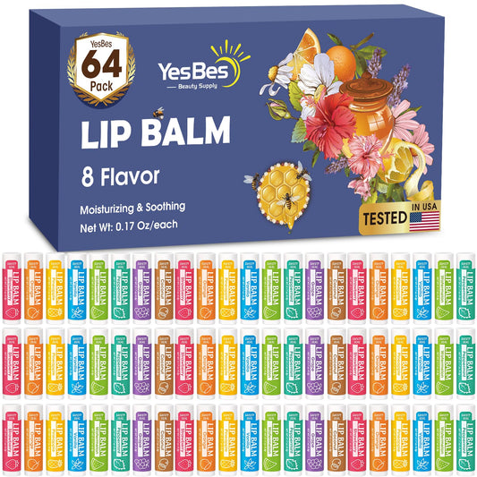 YesBes 64 Pack Lip Balm, Natural Lip Balm Bulk with Vitamin E and Coconut Oil, Moisturizing Lip Balms for Dry Cracked Lips, Lip Balms for Stocking Stuffers - 8 Flavors