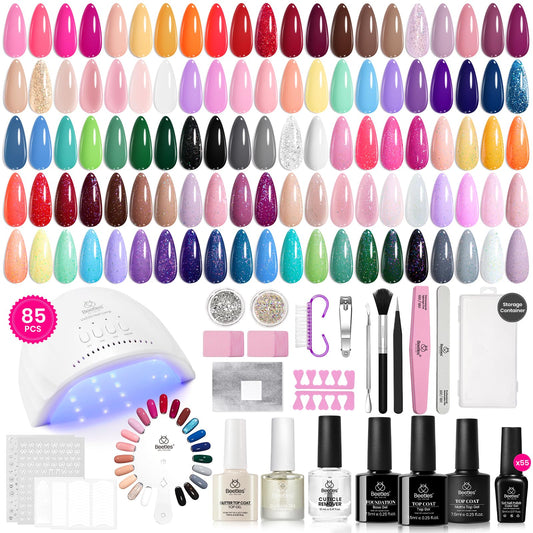 Beetles Gel Nail Polish Kit with U V Light 85Pcs, 55 Colors Seasonal Symphony Set with Diamond Decorations & Manicure Art Stickers and Tools Soak Off for All Season
