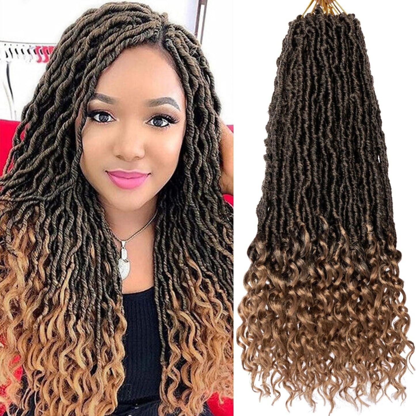 Xtrend 18 Inch New Faux Locs Crochet Braids With Curly Ends 7 Packs Soft Goddess Faux Locs Crochet Hair Natural Pre-looped Synthetic Crochet Braiding Hair for Women (12Strands/pack T27#)