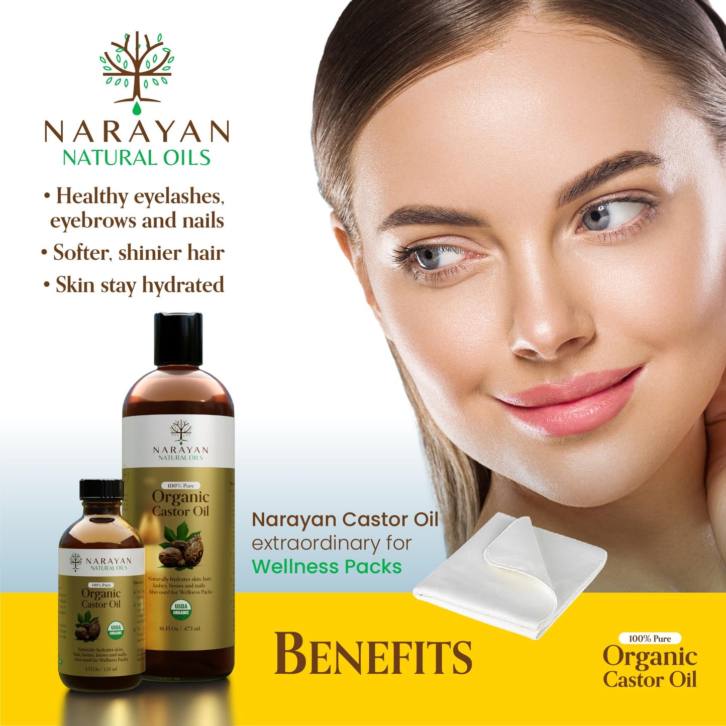 Narayan Organic Castor Oil (16 Fl Oz) — USDA Certified Natural Hexane & Cruelty Free Cold Pressed — For Hair Growth, Eyelashes, Eyebrows & Skin — Extraordinary for Wellness Packs — Includes Beauty Kit