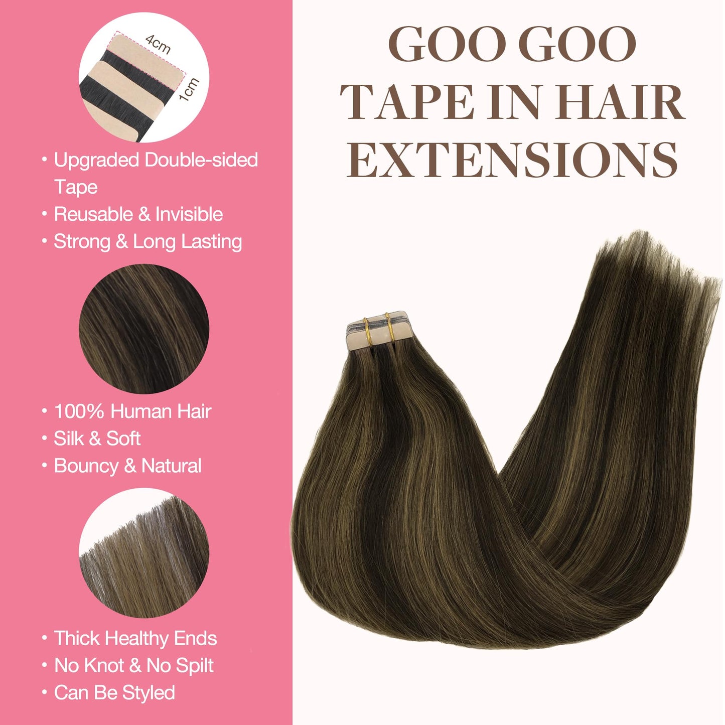 GOO GOO Tape in Hair Extensions Human Hair, Dark Brown Highlighted Chestnut Brown, 18inch 25g 10pcs, Thick Ends Straight Seamless, Invisible