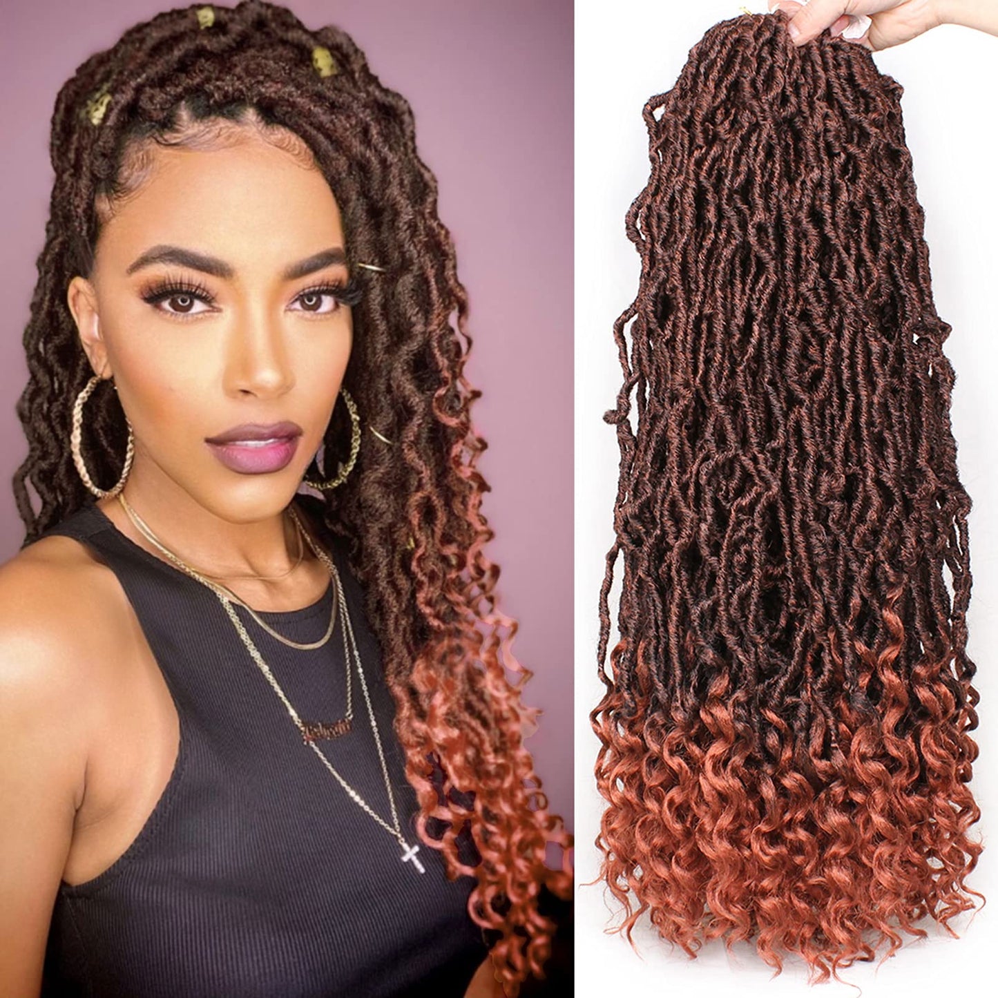 Leeven 24 Inch Ombre Red Goddess New Faux Locs Crochet Hair 7 Packs Boho Soft Locs Crochet Braids Hair With Curly Ends Synthetic Locs Braiding Hair for Women 12 Strands/Pack (T350#)