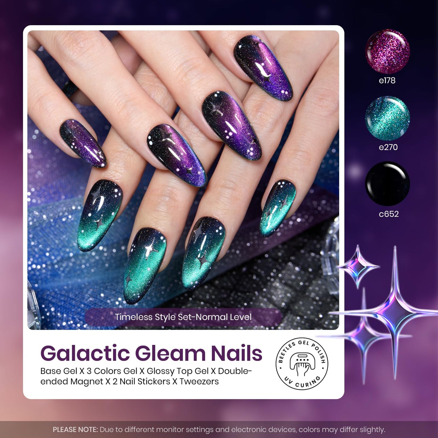 Beetles Gift Gel Nail Polish Set, Cat Eye Black Gel Polish Brilliant Galaxy Nail with Base & Top Coat, Star Stickers, Magnet, Tweezers DIY Series Color Nail Trend Set Manicure
