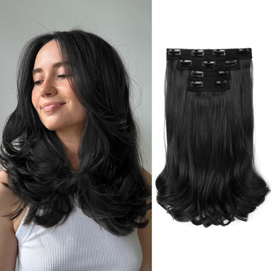 REECHO Clip-in Hair Extensions, 4PCS Lace Weft 14" Short Wavy Hair Pieces - Invisible, Natural Soft, Black