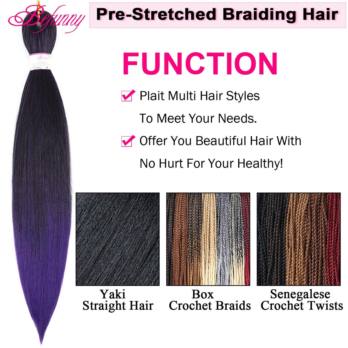 8 Packs Braiding Hair Pre Stretched 24inch Prestretched Crochet Hair Two Tone Black/Purple Pre stretched Synthetic Hair For Human 3X Braids Yaki Straight, Itch Free For Women(24”,Tpurple)