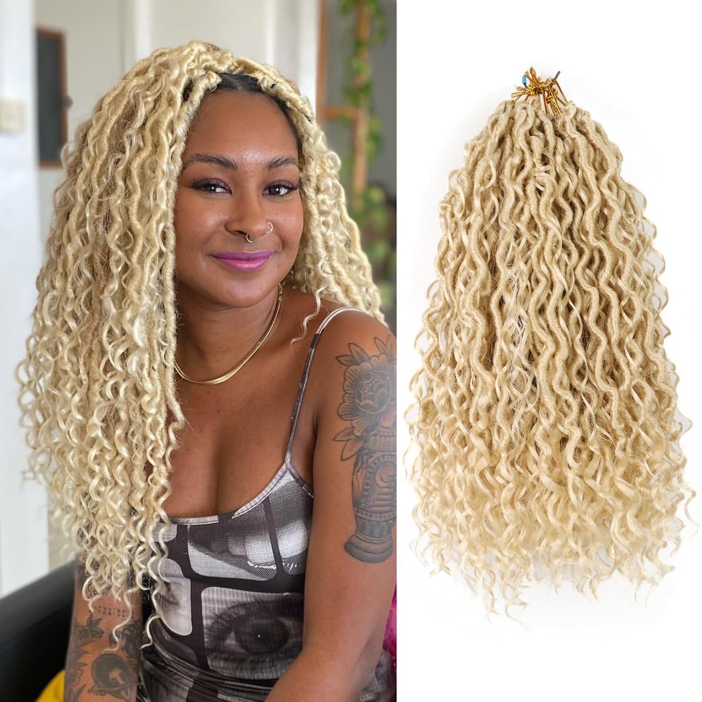14 Inch Blonde Crochet Hair Goddess Locs 7 Packs Bohemian Locs Crochet Hair with Curly Ends Pre Looped Soft Faux Locs Crochet Hair for Black Women River Locs Crohet Braids(14 Inch,613)