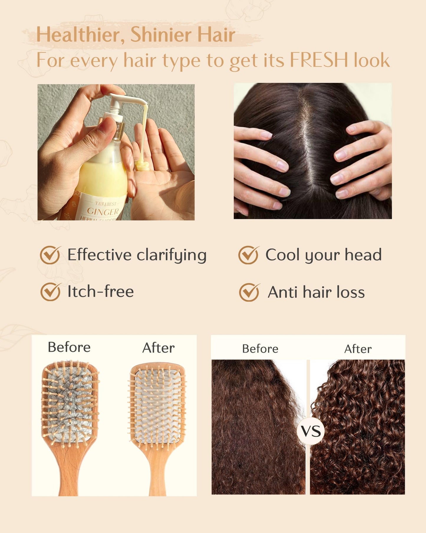 YANIBEST Anti-Dandruff Ginger Shampoo - Natural Organic Formula to Improve Scalp Environment, Clarify, Strengthen, Moisturize - Itch-Free