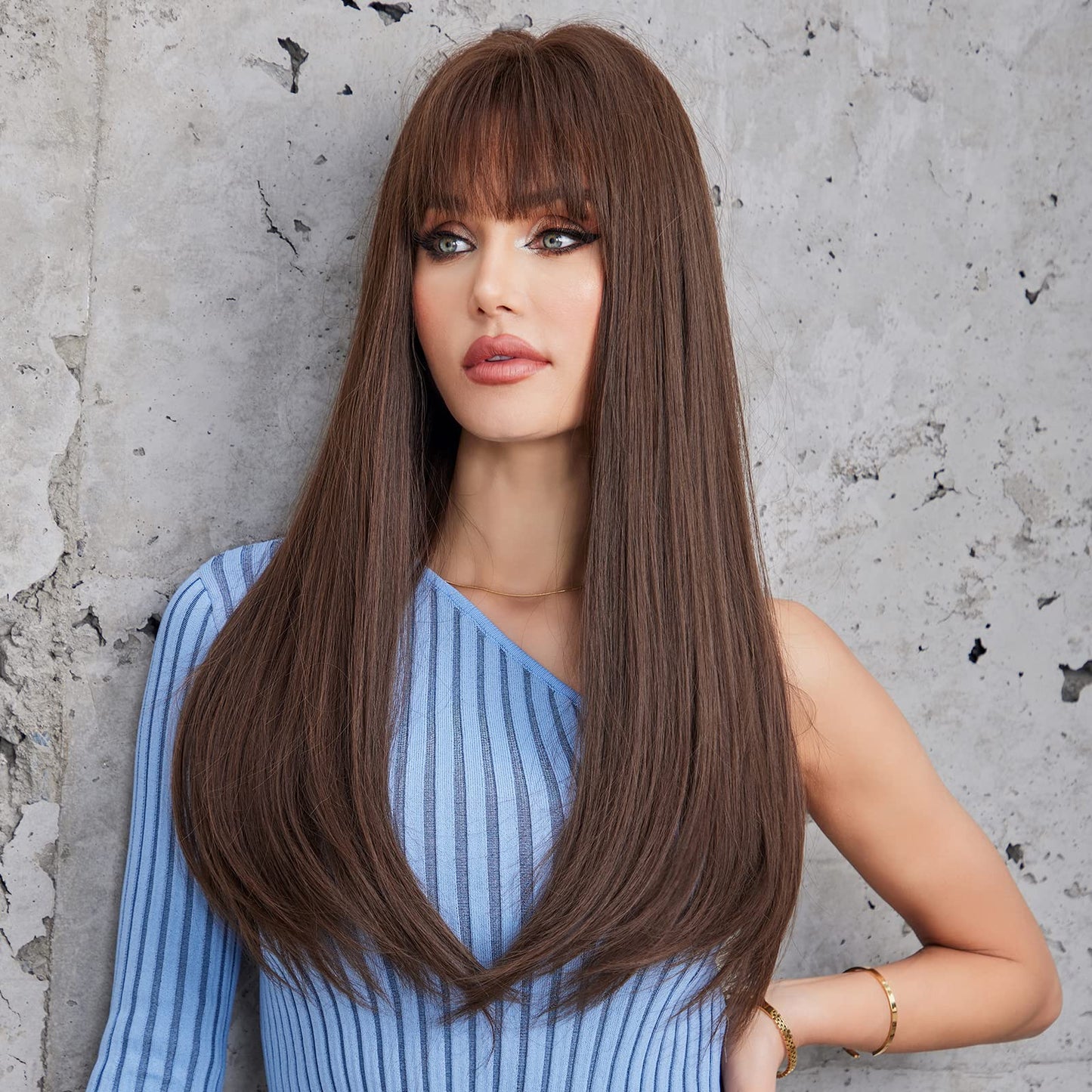 EMMOR Brown Wig With Bangs For Women Long Straight Wigs Synthetic For Girls Halloween Party Cosplay And Daily Use(26" Brown)