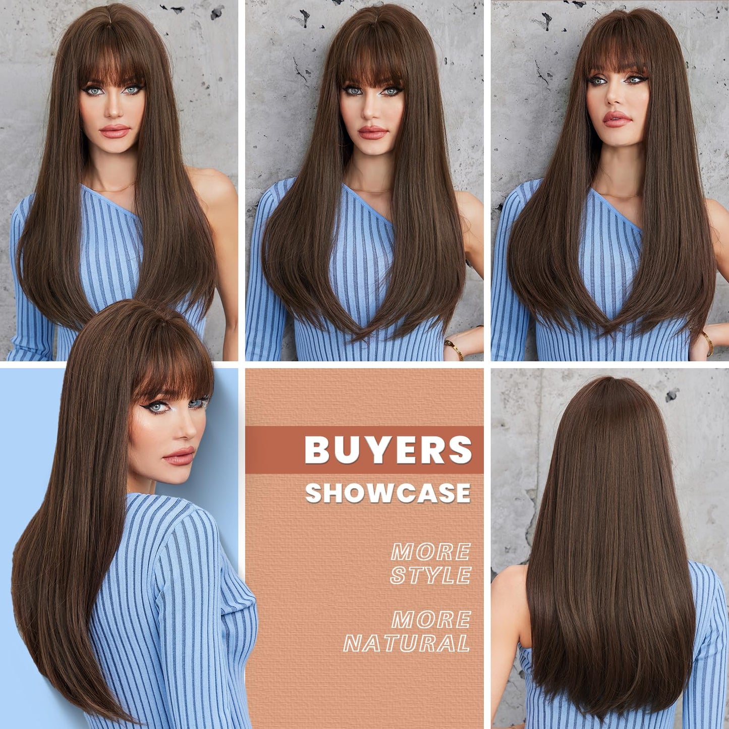 EMMOR Brown Wig With Bangs For Women Long Straight Wigs Synthetic For Girls Halloween Party Cosplay And Daily Use(26" Brown)