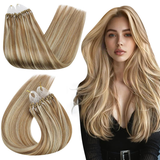 Ugeat Micro Loop Hair Extensions Golden Brown Highlights Bleach Blonde Micro Bead Hair Extensions Real Human Hair Micro Link Hair Extensions Cold Fusions Hair Extensions 14 Inch 50s 50g