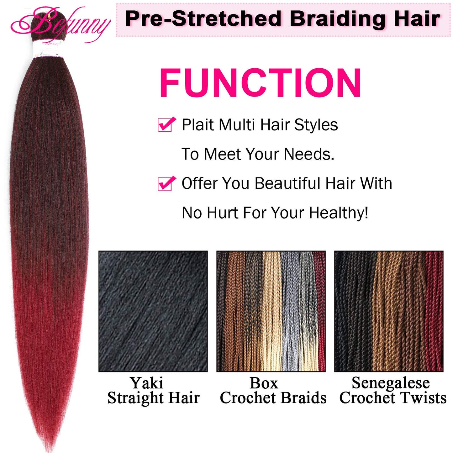 BEFUNNY Ombre Red Braiding Hair Pre Stretched, 8 Packs/Lot 24 Inch Pressional Prestretched Braiding Hair, Yaki Texture Synthetic Hair Extensions For Human Crochet Braids, Itch Free(24", T1B/Burgundy#)