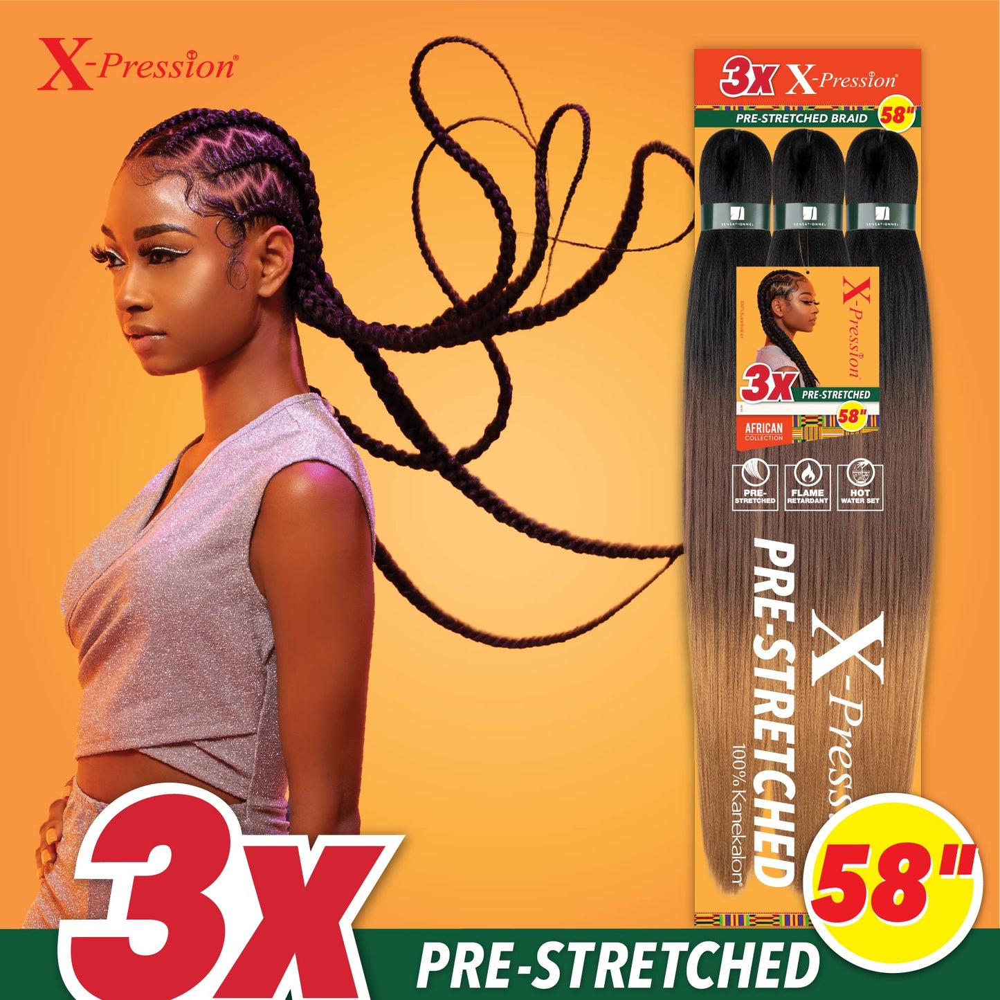 Sensationnel X-pression prestretched braiding hair - 3x braid 58 inch all kanekalon flame retardant synthetic braid for box braids and twists (5 pack, 1 JETBLACK)