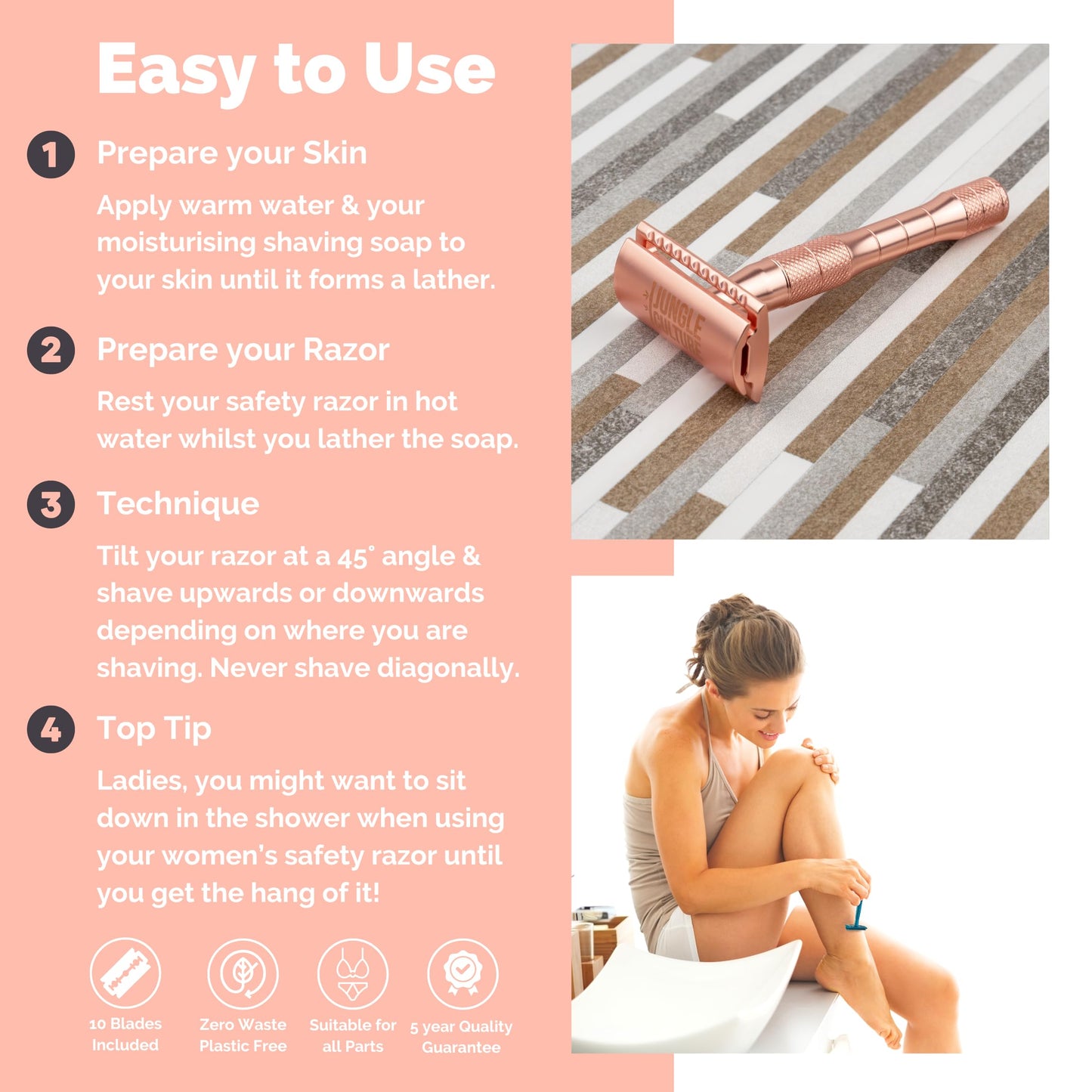 Jungle Culture Safety Razor with 10 Double Edge Blades • Single Blade Metal Razors for Women & Men for Body & Face • Eco Friendly & Reusable Shaver • Rose Gold