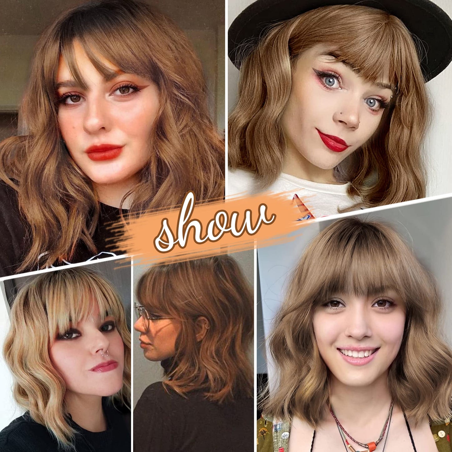 VCKOVCKO Light Brown Curly Bob Wig With Air Bangs Natural Curly Wavy Short Bob Wigs Women's Shoulder Length Wigs Synthetic Cosplay for Girl Colorful Wigs(12",Light Brown)