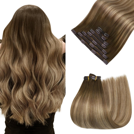 Easyouth Clip in Hair Extensions Real Human Hair Balayage Clip on Hair Extensions for Thick Hair Dark Brown Fading to Caramel Blonde Mix Brown for Long Straight Hair 22In 120G 7Pcs