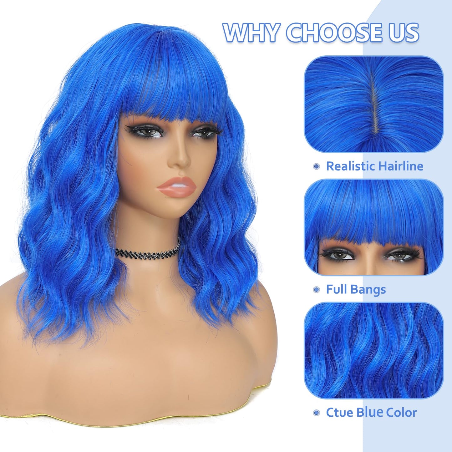 BEAUTIFA Blue Wig with Bangs for Women 14 Inch Shoulder Length Royal Blue Wigs Short Bob Wavy Curly Wig Heat Resistant Synthetic Colorful Wig