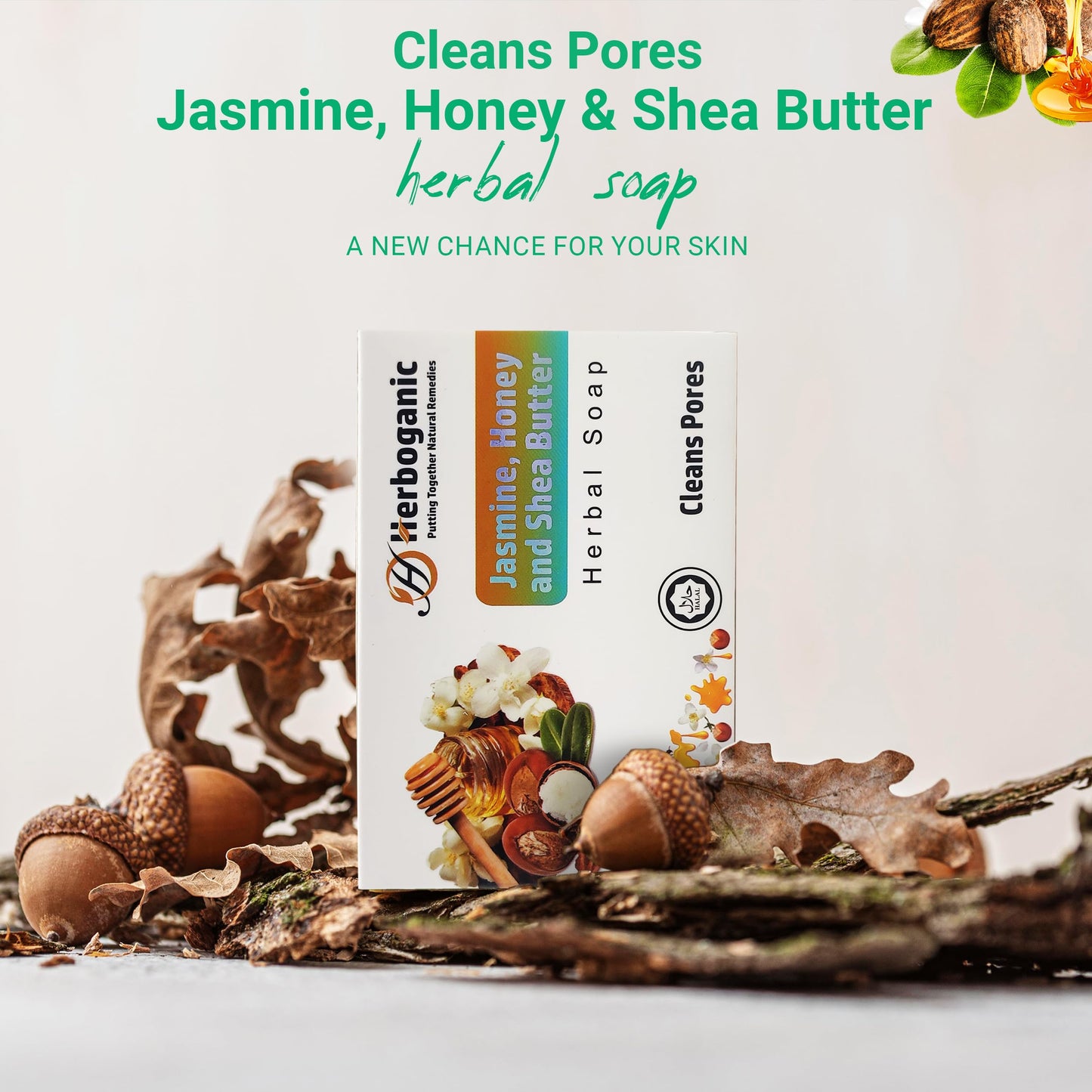 HERBOGANIC Jasmine Honey and Shea Butter Herbal Soap | Pack of 3 of 5oz soap Bar | Natural Bar Soap for Face and Body | Hydrating and Nourishing | Suitable for Men and Women